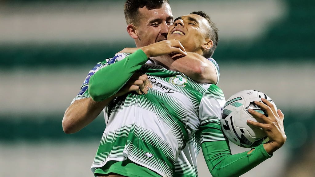 Shamrock Rovers’ Graham Burke celebrates scoring a goal with Aaron Greene during the SSE Airtricity League Premier Division, match at Tallaght Stadium. Photograph: Laszlo Geczo/Inpho
