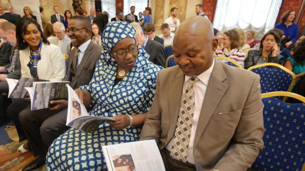 Nigerian ambassador Dr Bolere Ketebu and South African ambassador Ahlangene Sigcay at the launch of the Irish Aid 2014 Annual report, in Iveagh House. Photograph: Alan Betson
