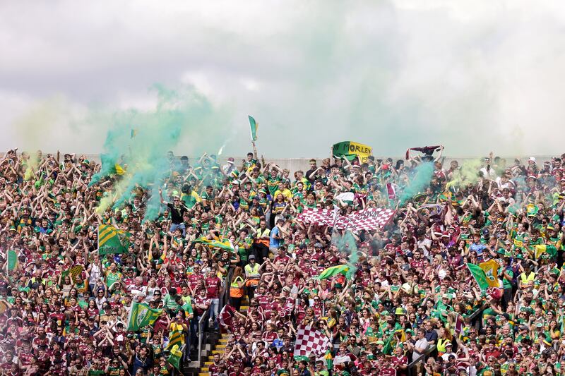 A view of fans on Hill 16 as the Kerry and Galway teams parade before a memorable All-Ireland final at Croke Park. But the absence of an appropriate curtain-raiser took away somewhat from the biggest occasion on the Irish sports calendar. Photograph: Laszlo Geczo/Inpho