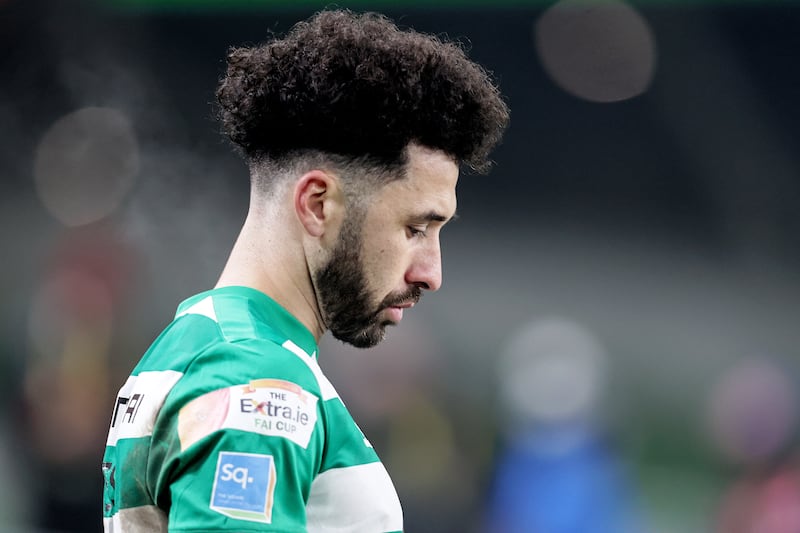 Roberto 'Pico' Lopes dejected after Shamrock Rovers' defeat in the 2020 FAI Cup final against Dundalk. Photograph: Laszlo Geczo/Inpho