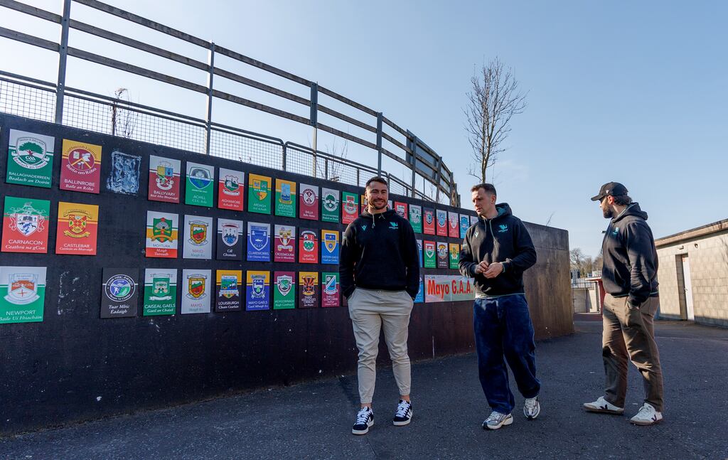 Connacht's Shayne Bolton, Jack Carty and Shamus Hurley-Langton visit MacHale Park ahead of Saturday's URC game against Munster. Photograph: James Crombie/Inpho