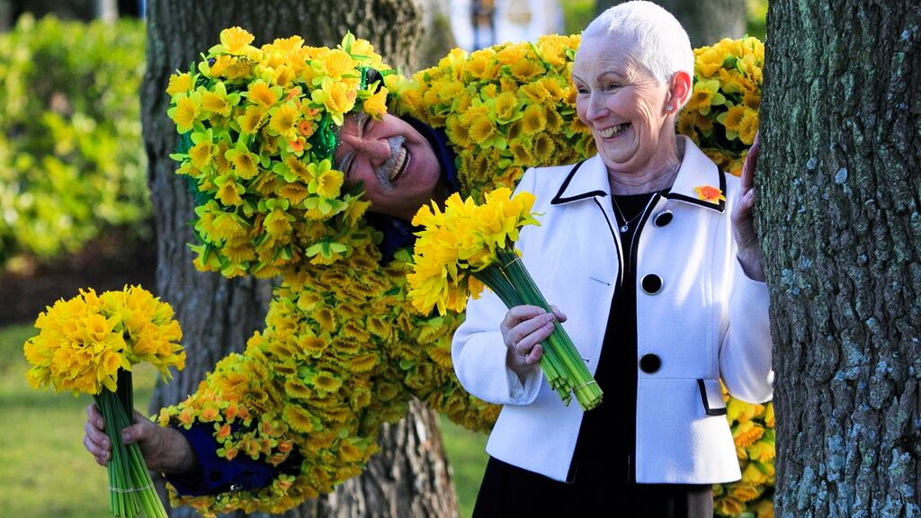 Cancer survivor Stephanie Powell and James Gilleran from the Navan Road during the launch of Irish Cancer Society’s Daffodil Day at the Citywest Hotel, Dublin. Photograph: Gareth Chaney Collins