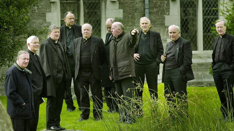 Catholic bishops at Maynooth in 2000, including (centre, pointing) Bishop John McAreavey, who resigned as Bishop of Dromore last month. Photograph: Matt Kavanagh