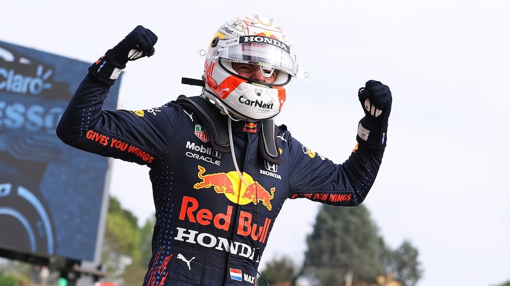Dutch Formula One driver Max Verstappen of Red Bull Racing celebrates after winning the Emilia Romagna Grand Prix at Imola. Photo: Bryn Lennon/EPA