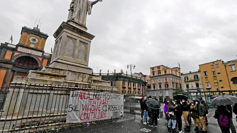 Students protest yesterday near the Piazza Dante metro stop in Naples, Italy, seeking enhanced infrastructure and public transport to avoid exposure to Covid-19 from overcrowding. Photograph: Ciro Fusco/EPA