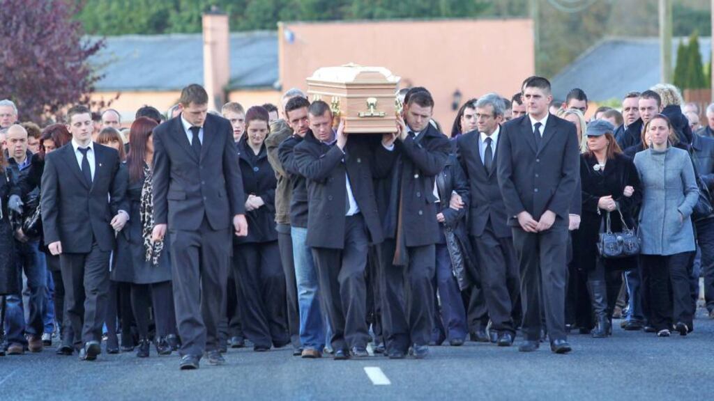 The remains of Aoife Phelan are carried to St Patrick's Church, Ballyroan, Co Laois for her funeral last November. Photograp: Colin Keegan/Collins, Dublin.