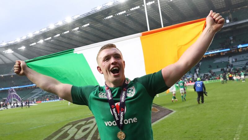 Dan Leavy celebrates after the England match at Twickenham on St Patrick’s Day in 2018 after Ireland wrapped up the Grand Slam. Photograph: Billy Stickland/Inpho