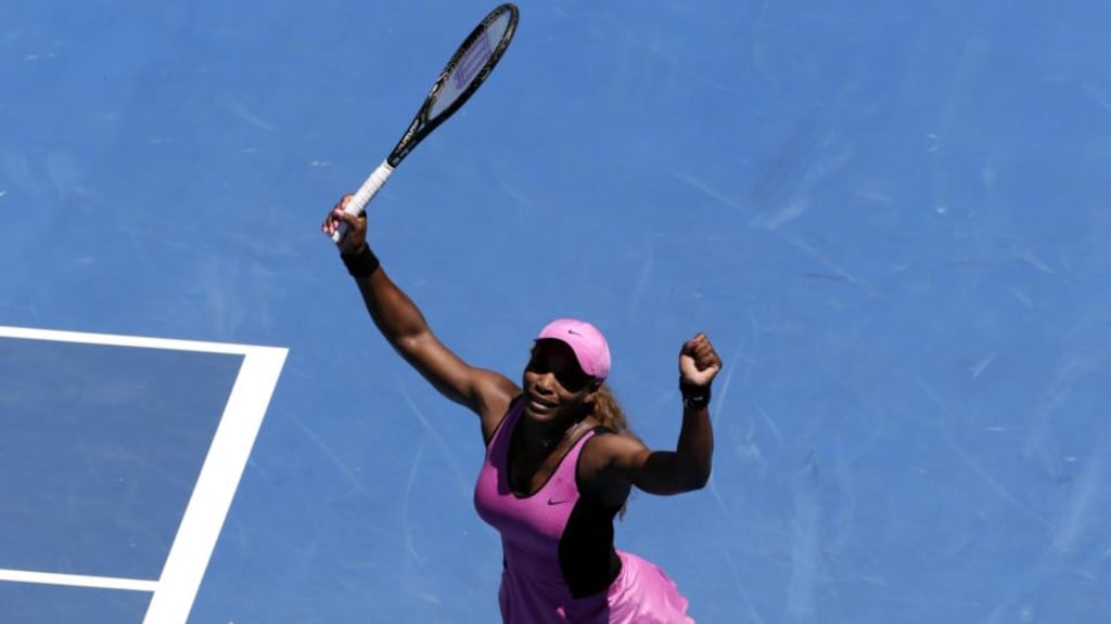 Serena Williams celebrates after winning her third-round match against Daniela Hantuchova at the Australian Open in Melbourne. Photograph: Mast Irham/EPA