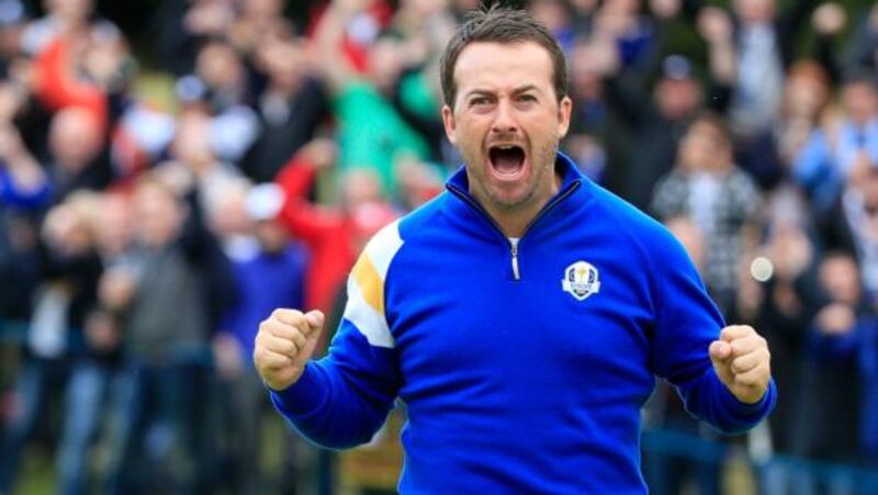 Graeme McDowell of Europe celebrates victory over  Jordan Spieth of the United States on the 17th hole   at  Gleneagles.  Photograph:  Harry How/Getty Images