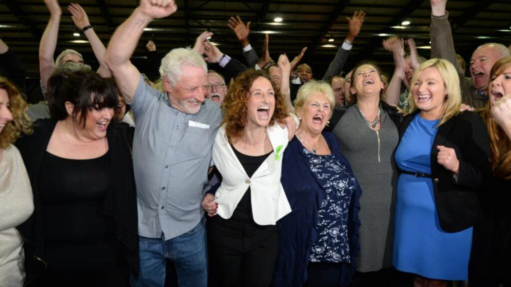 Sinn Féin candidate Lynn Boylan, centre, celebrates with parents Ken and Rita at the RDS count centre in Dublin after she won a seat in the European Parliament in the 2014 election. She lost that seat five years later. Photograph; Dara Mac Dónaill