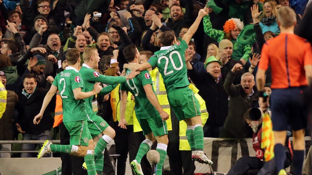 Euro 2016-bound: Irish players celebrate a goal in the qualifying round. Photograph: @INPHO/Morgan Treacy
