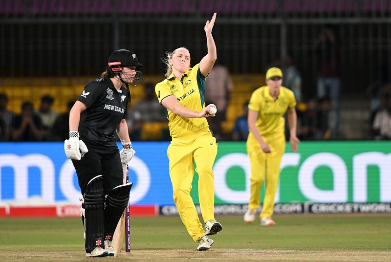 Kim Garth bowling for Australia during the World cup game against New Zealand at Holkar Cricket Stadium in Indore, India. Photograph: Prakash Singh/Getty Images