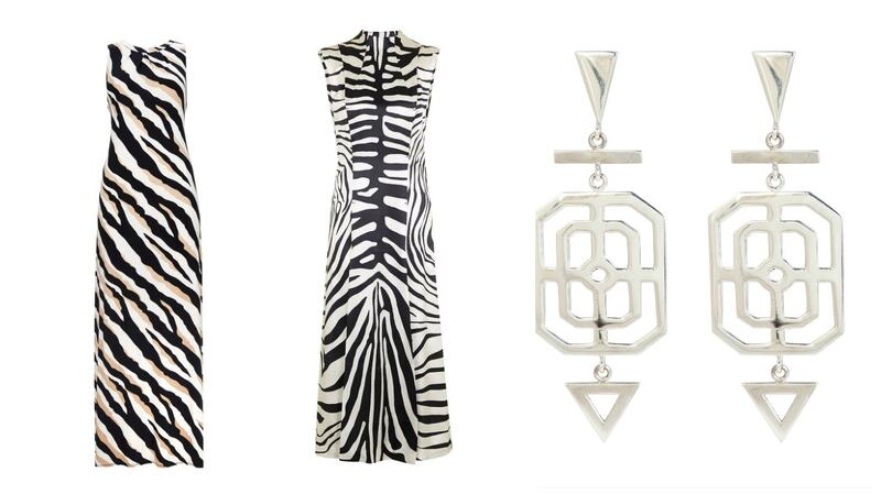 Go wild with this animal-print maxi dress (left) for €42 from wallisfashion.com or find your inner fashionista in this Irving midi dressfor £295 straight from the London Fashion week Unique by Topshop Catwalk. Pair with these Grand Deco silver earrings by Natasha Sherling