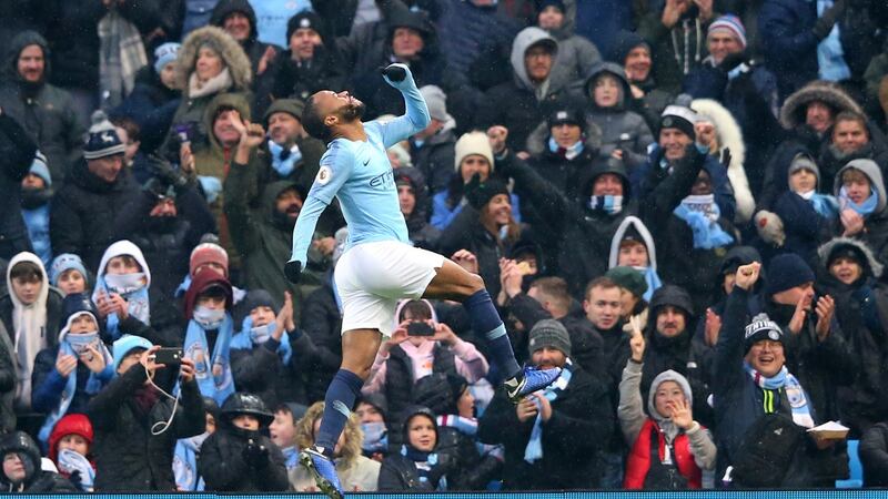 Raheem Sterling put the game to bed for Manchester City against Everton. Photograph: Alex Livesey/Getty