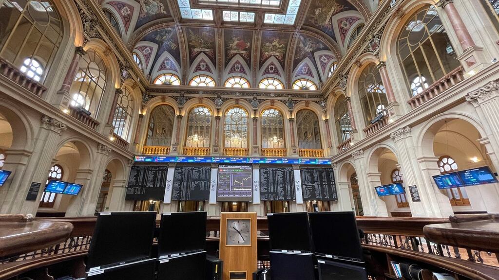 The Spanish stock exchange. The Stoxx 600 index was flat in early dealings, after hitting an all-time high on Friday. The UK’s FTSE 100 also traded flat.