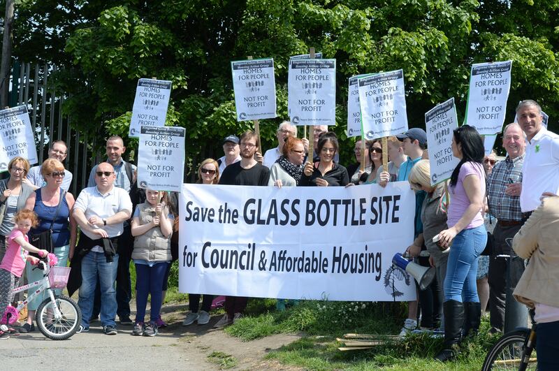 A protest at the Irish Glass Bottle site in 2016 calling for affordable housing. Photograph: Cyril Byrne