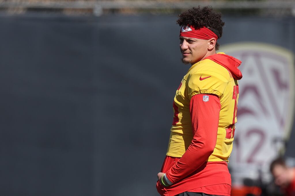 Kansas City quarterback Patrick Mahomes takes part in a training session at Arizona State University Tempe ahead of Sunday's Super Bowl LVII at State Farm Stadium. Photograph: Christian Petersen/Getty Images