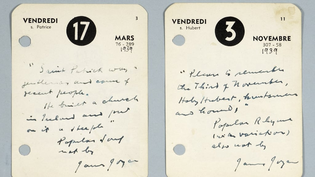 Two calendar entries with ditties by James Joyce (€6,000-€8,000, Whyte’s).