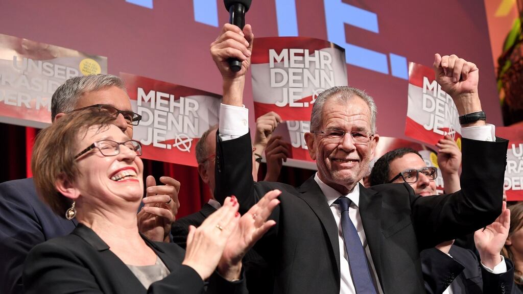 Alexander Van der Bellen: The new Austrian president celebrates with supporters. Observers say the former economist dubbed “the professor” has his work cut out to prove himself. Photograph: AFP/APA/Roland Schlager