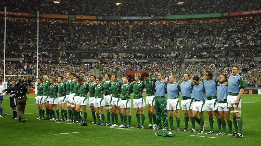 The Ireland squad stand together for Ireland’s Call before the match against France in the 2007 Rugby World Cup on September 21st, which the French won 25-3. Photograph: Brendan Moran/Sportsfile