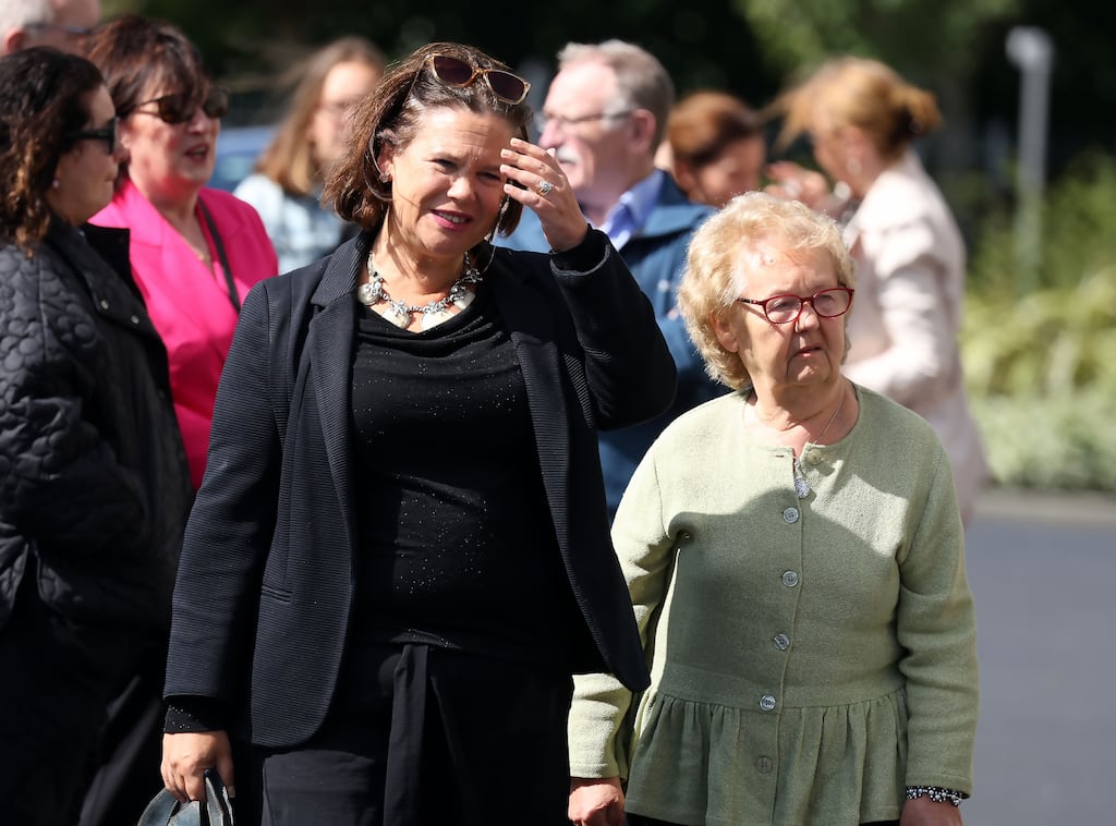 Mary Lou McDonald and her mother, Joan pictured this afternoon at the funeral of Patrick Bernard McDonald, father of the Sinn Féin leader at The Church of St. Paul of the Cross, Mount Argus. Photograph: Colin Keegan, Collins Dublin