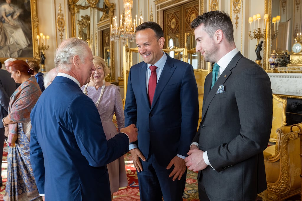 Taoiseach Leo Varadkar  with his partner Matt Barrett (right) speaks to King Charles III during a reception at Buckingham Palace prior to the coronation. Photograph: Ian Jones