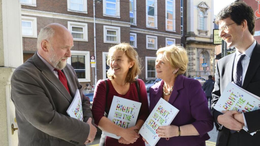 Fergus Finlay, CEO of Barnardos, Dr Eilis Hennessy of UCD, chairwoman of the expert advisory group on the early-years strategy, Frances Fitzgerald, Minister for Children, and Toby Wolfe of Start Strong at the launch of Right from the Start. Photograph: Alan Betson /THE IRISH TIMES