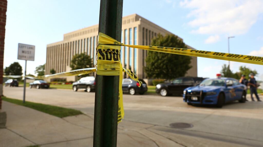 The Berrien County Courthouse is cordoned off as Michigan State Police investigate the crime scene on Monday. Photograph: Mark Bugnaski/Kalamazoo Gazette via AP
