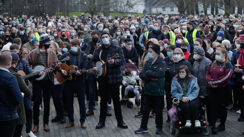 Musicians play at a vigil in memory of Ashling Murphy in Tullamore town Park, County Offaly. Photograph: Damien Eagers/PA