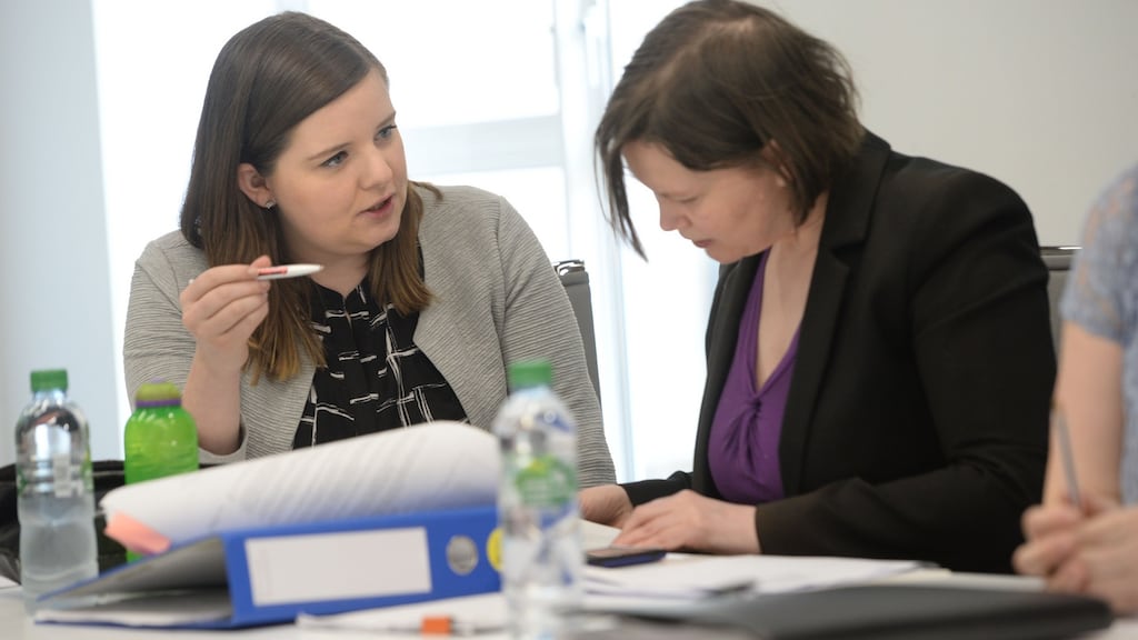 Michelle Byrne, vice president for campaigns in the Union of Students of Ireland (left) and Patricia Sheehy Skeffington BL, speakers at the Threshold seminar on the Residential Tenancies (Amendment) Act 2019, in Dublin on Tuesday. Photograph: Dara Mac Dónaill / The Irish Times