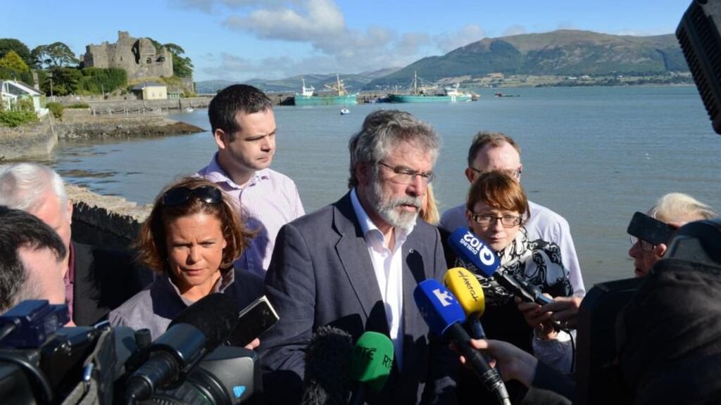 Sinn Fein president Gerry Adams with Mary Lou McDonald and Pearse Doherty at the Sinn Fein think-in at Carlingford, Co Louth, today. Photograph: Cyril Byrne/The Irish Times