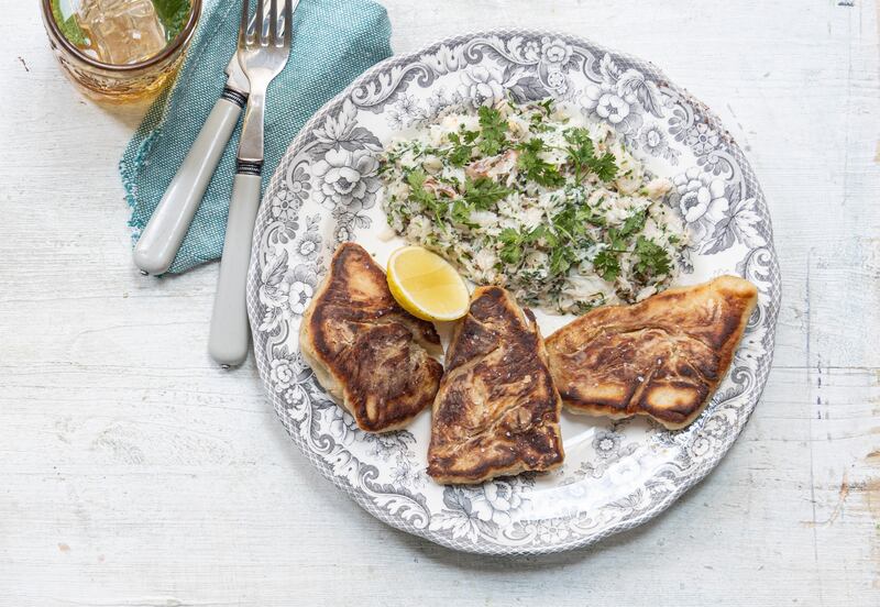 Crab mayo with charred potato bread. Photograph: Harry Weir
