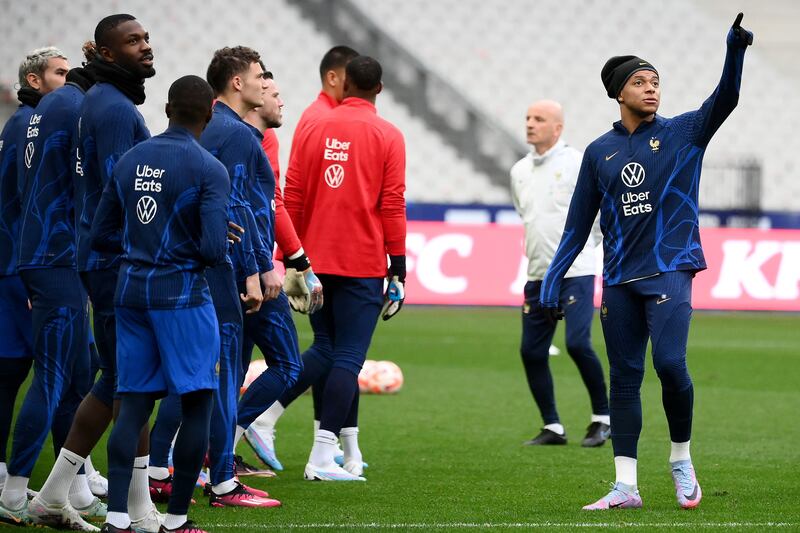 On point: new France captain Kylian Mbappé leads the way at a training session this week. Photograph: Franck Fife/AFP via Getty Images