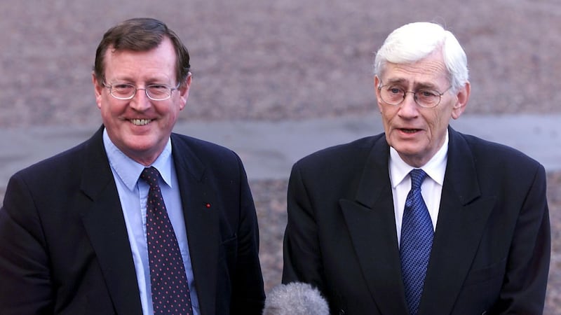 Northern Ireland’s First Minister David Trimble and Deputy First Minister Seamus Mallon speaking to the press at the inaugural meeting of the North South Ministerial Council in Armagh in December 1999. Photograph: Alan Betson