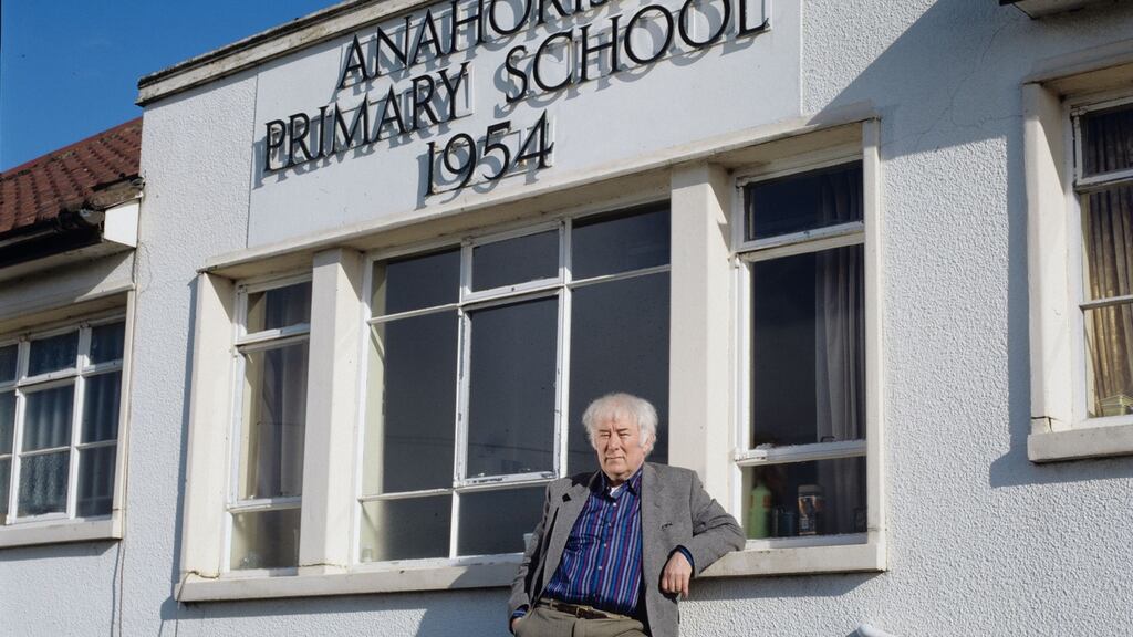 The late Seamus Heaney at his old primary school in Anahorish, Bellaghy, Co Derry in spring 1996. Photograph: Bobbie Hanvey Photographic Archives/John J Burns Library/Boston College