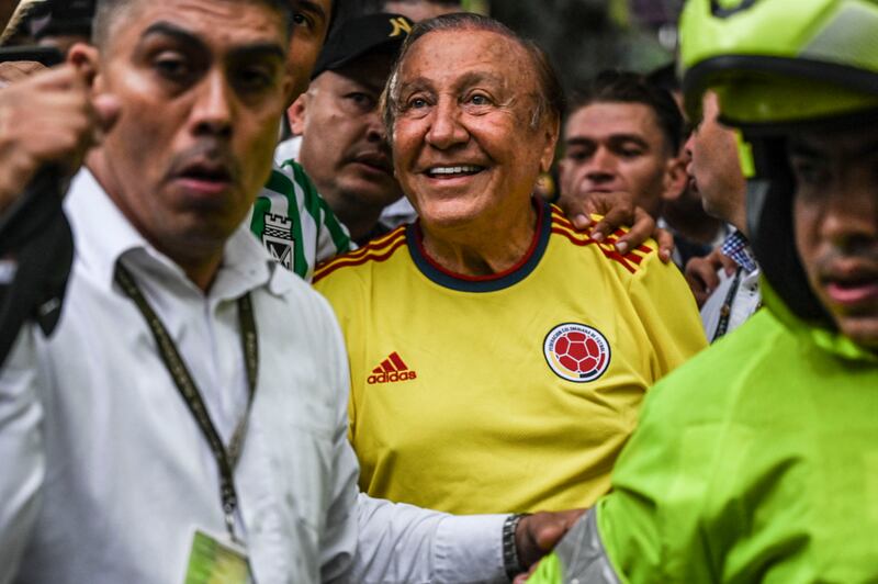 Presidential candidate Rodolfo Hernandez (centre) arrives at a local league football match between Atletico Nacional and Atletico Bucaramanga, in Medellin. Photograph: Joaquin Sarmiento/AFP via Getty