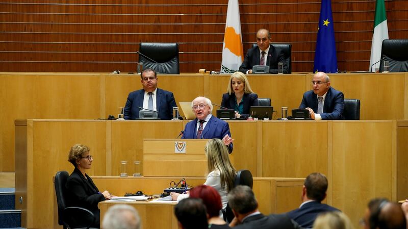 President D Higgins addresses the Cypriot house of representatives. Photograph: Maxwell