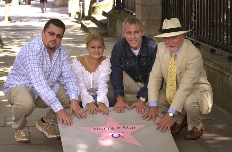 Darren Smith (left) pictured in 2002 with Kerry Katona, Ray D’Arcy and Phil Coulter at the launch of the first series of RTÉ’s ‘You’re a Star’. Photograph: Brenda Fitzsimons/The Irish Times