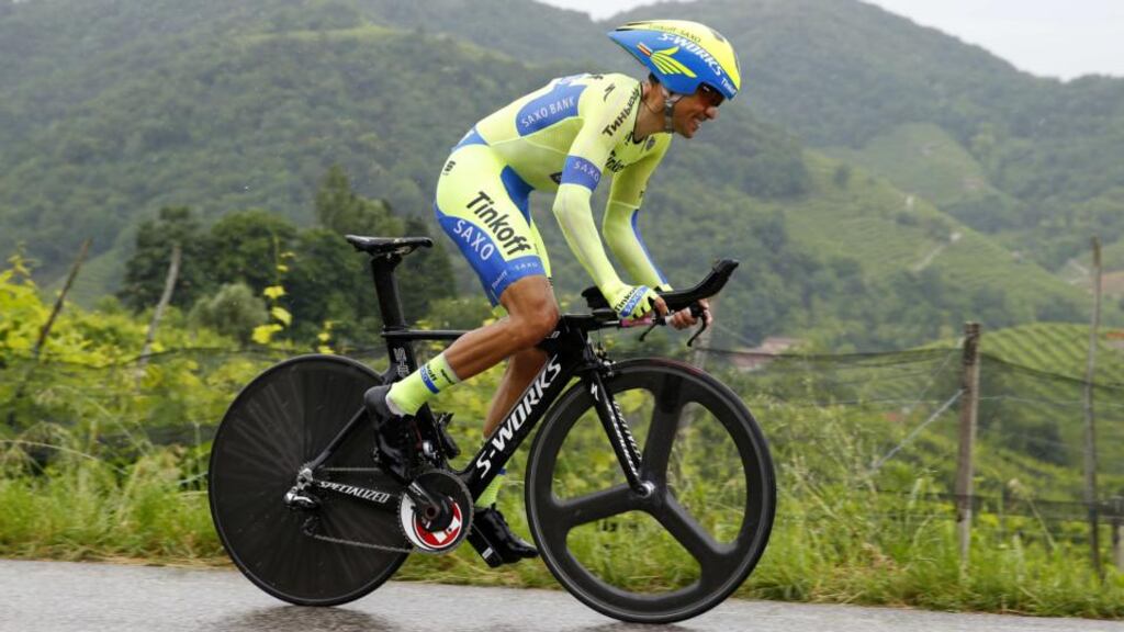 Spanish rider Alberto Contador (Tinkoff Saxo) in action during the stage 14 time trial between Treviso and Valdobbiadene at the Giro d’Italia. Photo: Luk BeniesAFP/Getty Images
