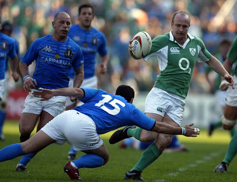 Denis Hickie is tackled by Roland De Marigny of Italy in 2007. Ireland won in Rome but were later agonisingly denied the Six Nations title by a late France try. Photograph: Dan Sheridan/Inpho