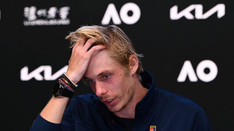 Denis Shapovalov gestures during his press conference following his defeat to Rafael Nadal. Photograph: Vince Caligiuri/Tennis Australia via AP