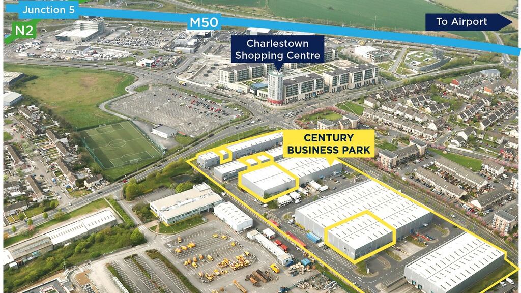 An aerial view of Century Business Park, in Finglas, Dublin 11, with the subject portfolio outlined.