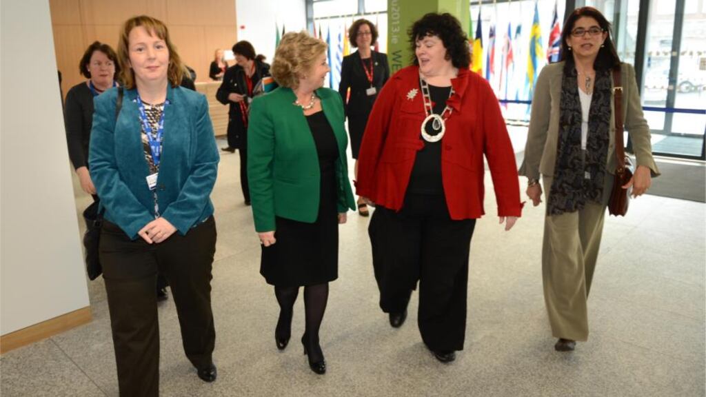 Minister for Children and Youth Affairs Frances Fitzgerald (second left) attending the conference on Vulnerable Families in Dublin Castle earlier this year. Also attending were, from left, Senator Jillian van Turnhout, ICA president Liz Wall and Coface president Annemie Drieskens. Photograph: Dara Mac Dónaill / The Irish Times