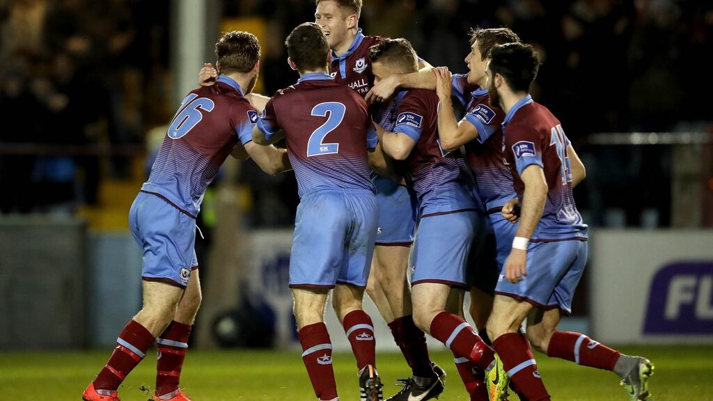 Drogheda’s Kevin Farragher celebrates scoring his side’s second goal during their Airtricity League promotion/relegation playoff second leg clash with Wexford Youths. Photo: Ryan Byrne/Inpho
