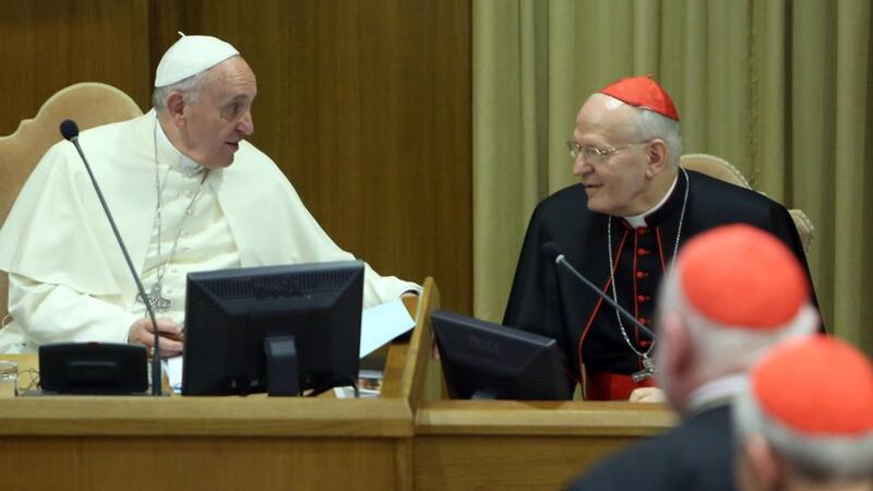 Pope Francis with Cardinal Péter Erdö, who was elected twice as president of the Council of Bishops’ Conferences of Europe. Photograph: Franco Origlia/Getty