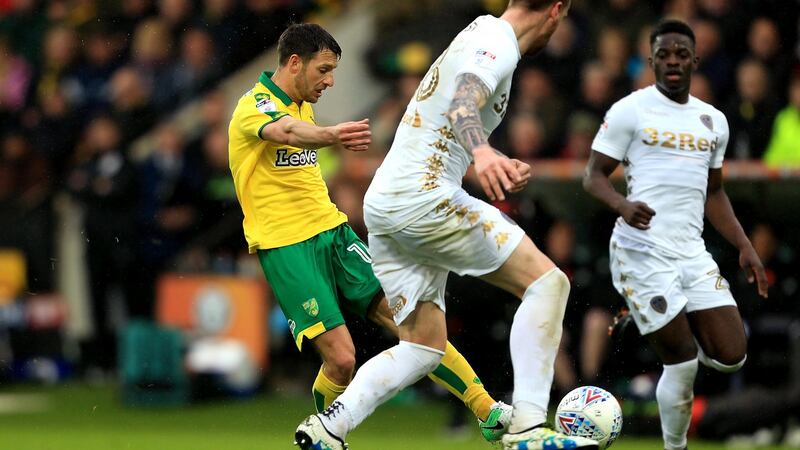Wes Hoolahan equalises for Norwich against Leeds in his final game for the club. Photograph: Stephen pond/Getty