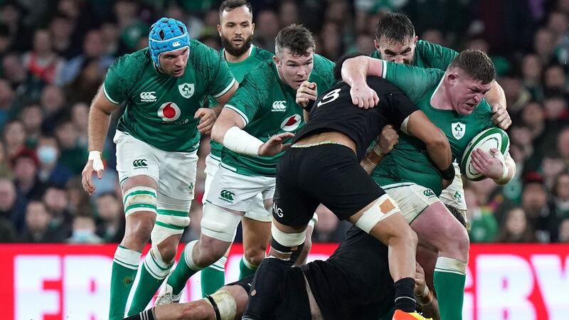 Ireland’s Tadhg Furlong carries the ball under pressure. File photograph: PA