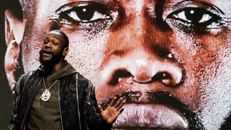 US heavyweight boxer Deontay Wilder arrives on stage for the last press conference before his rematch with heavyweight British boxer Tyson Fury in Las Vegas, Nevada. Photograph: Etienne Laurent/EPA