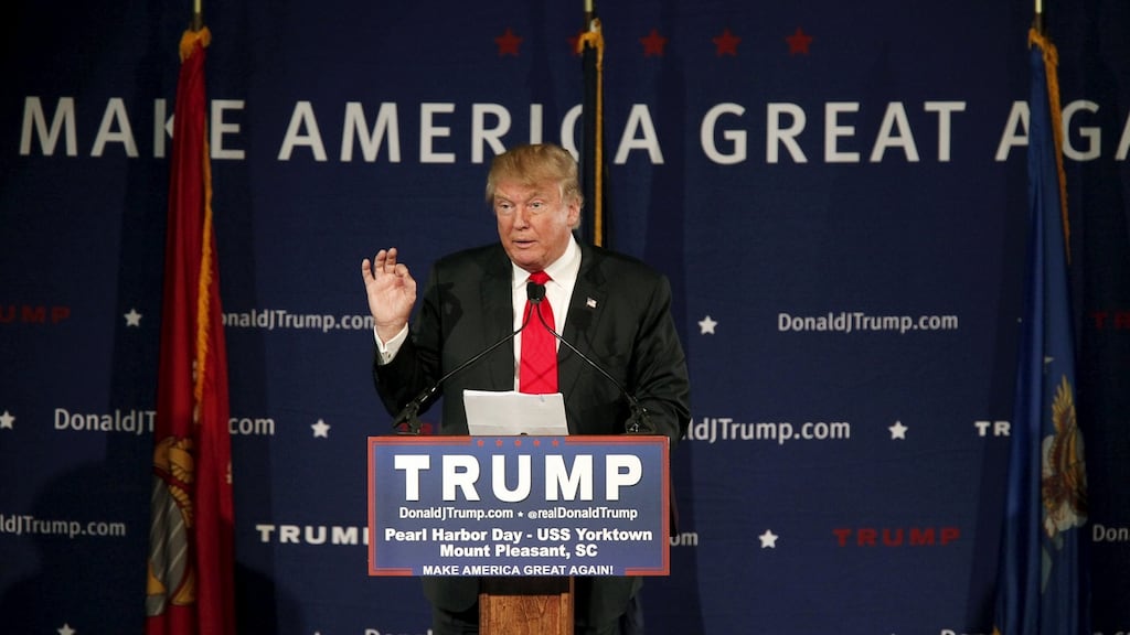 US Republican presidential candidate Donald Trump speaks to supporters at a Pearl Harbor Day rally aboard the USS Yorktown Memorial in Mount Pleasant, South Carolina, on Tuesday. Photograph:  Randall Hill/Reuters