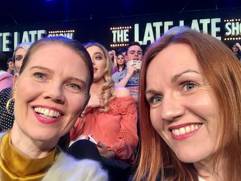 A 'selfie' of BBC Woman's Hour presenter Nuala McGovern and her sister Eileen in the audience at the RTÉ's Late Late Show